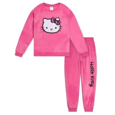 Hello Kitty Girls Velour Drop Shoulder Sweatshirt and Jogger Pants Outfit Set