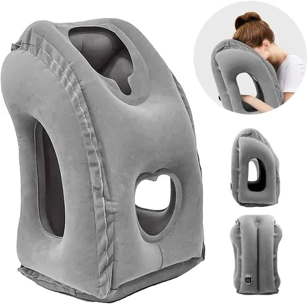 Inflatable Travel Pillow Compact Neck Support for Plane Car Bus Grey