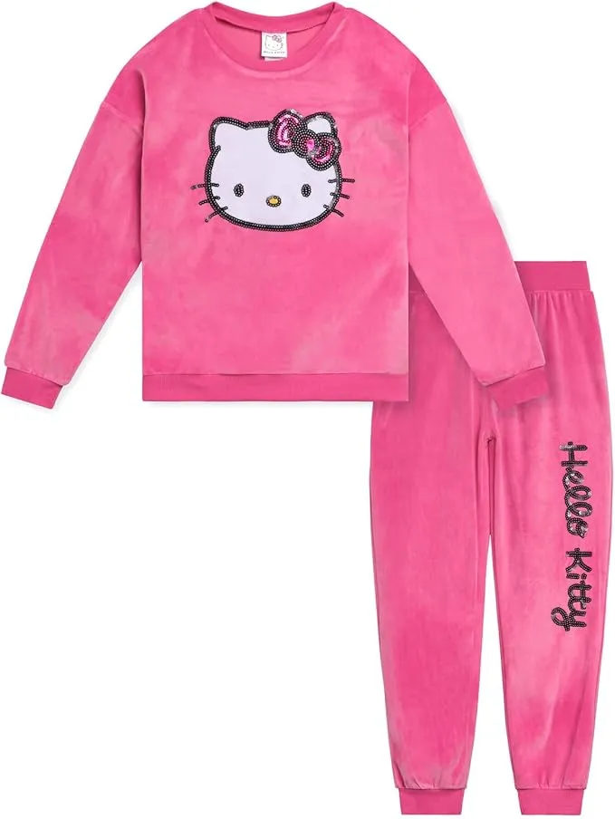 Hello Kitty Girls Velour Drop Shoulder Sweatshirt and Jogger Pants Outfit Set Toddler to Big Kid Sizes (2T - 14-16)