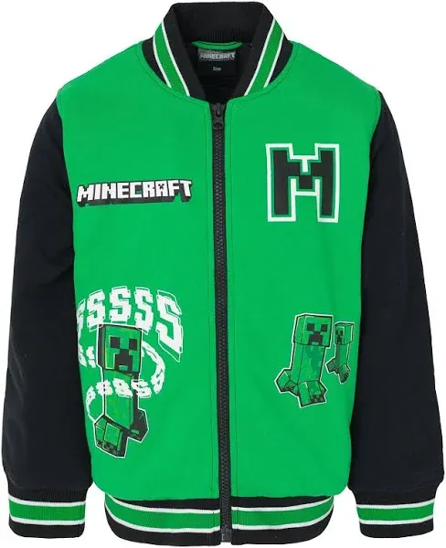 Minecraft Boys' Creeper French Terry Varsity Zip Up Bomber Jacket