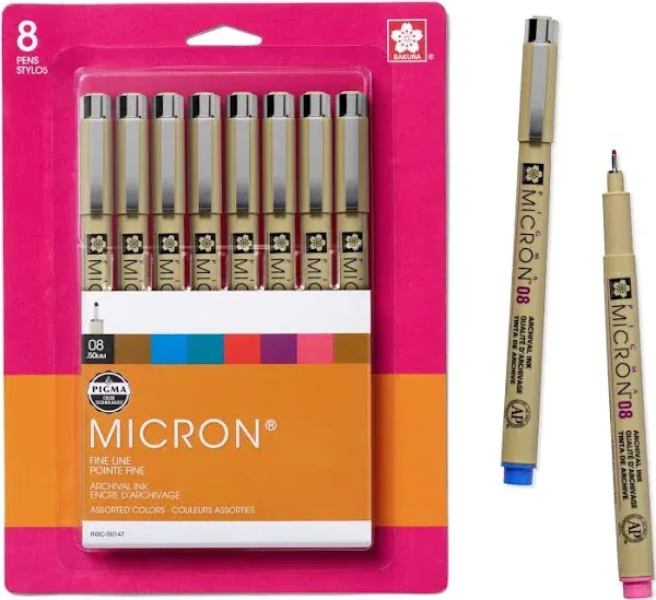 Sakura Pigma Micron Pens - Set of 8, Assorted Colors, 08