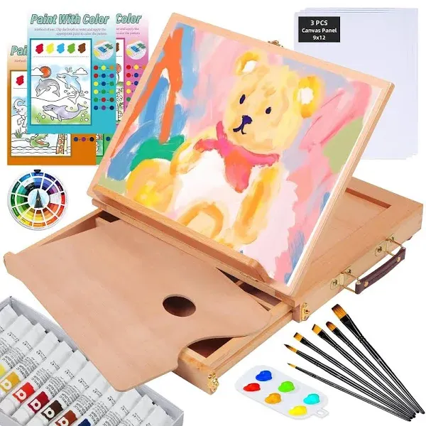 Falling in Art Tabletop Easel Set - 24 Pieces Starter Kit - Artist Acrylic Paint