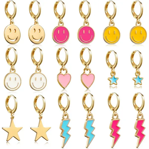 LieToi 9 Pairs Preppy Earrings Pack with Colorful Happy Smile Lightning Bolt Heart Star Charms Pendants Gold Small Huggie Hoop Dangle Earrings Trendy Y2K Preppy Jewelry Gifts for Teens Women