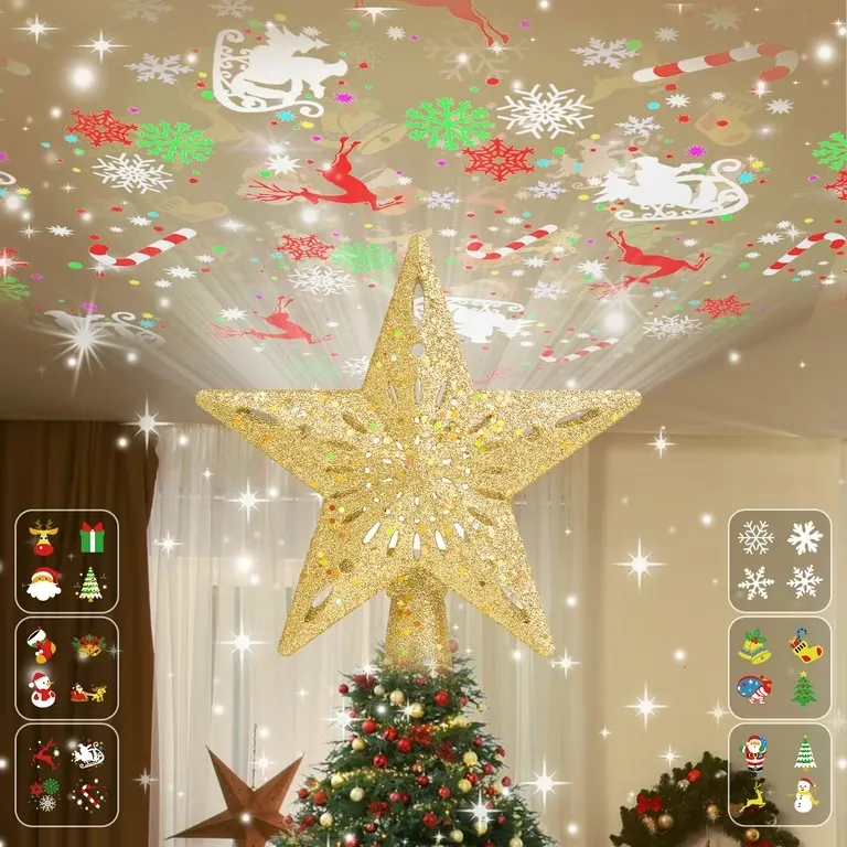 Christmas Tree Topper Decoration Lights LED Rotating Projector, Christmas Star with 6 Slides for Christmas Tree Decoration- Silver