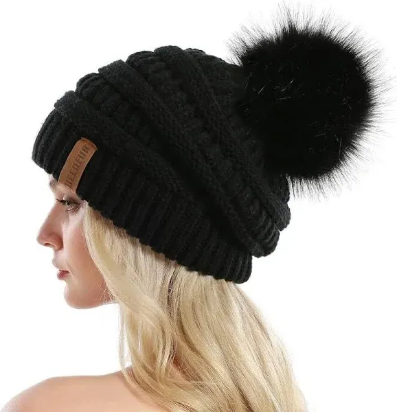 Queenfur Knit Slouchy Beanie for Women Thick Baggy Hat Faux Fur Pompom Winter Hat