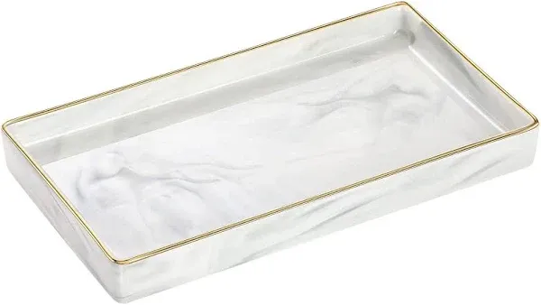 Luxspire Bathroom Vanity Tray Marble Ceramic Bathroom Trays for Counter Gold and White Tray for Dresser Kitchen Counter Tray Perfume Tra