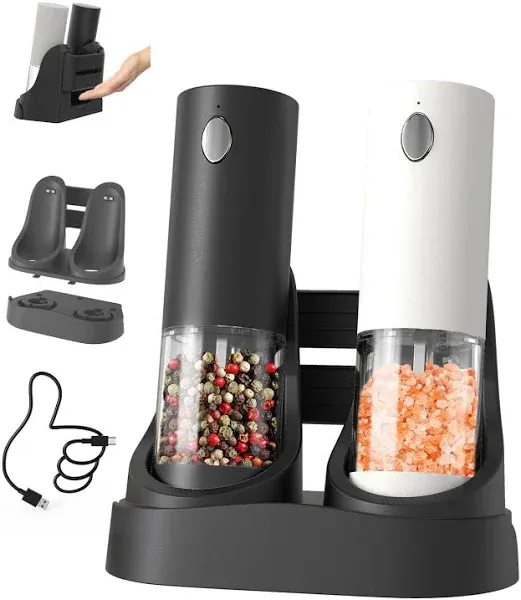 Circle Joy Electric Salt and Pepper Grinder Set Automatic Salt and Pepper Grinder Set with Charging Base and White LED Light, Adjustable Coarseness,