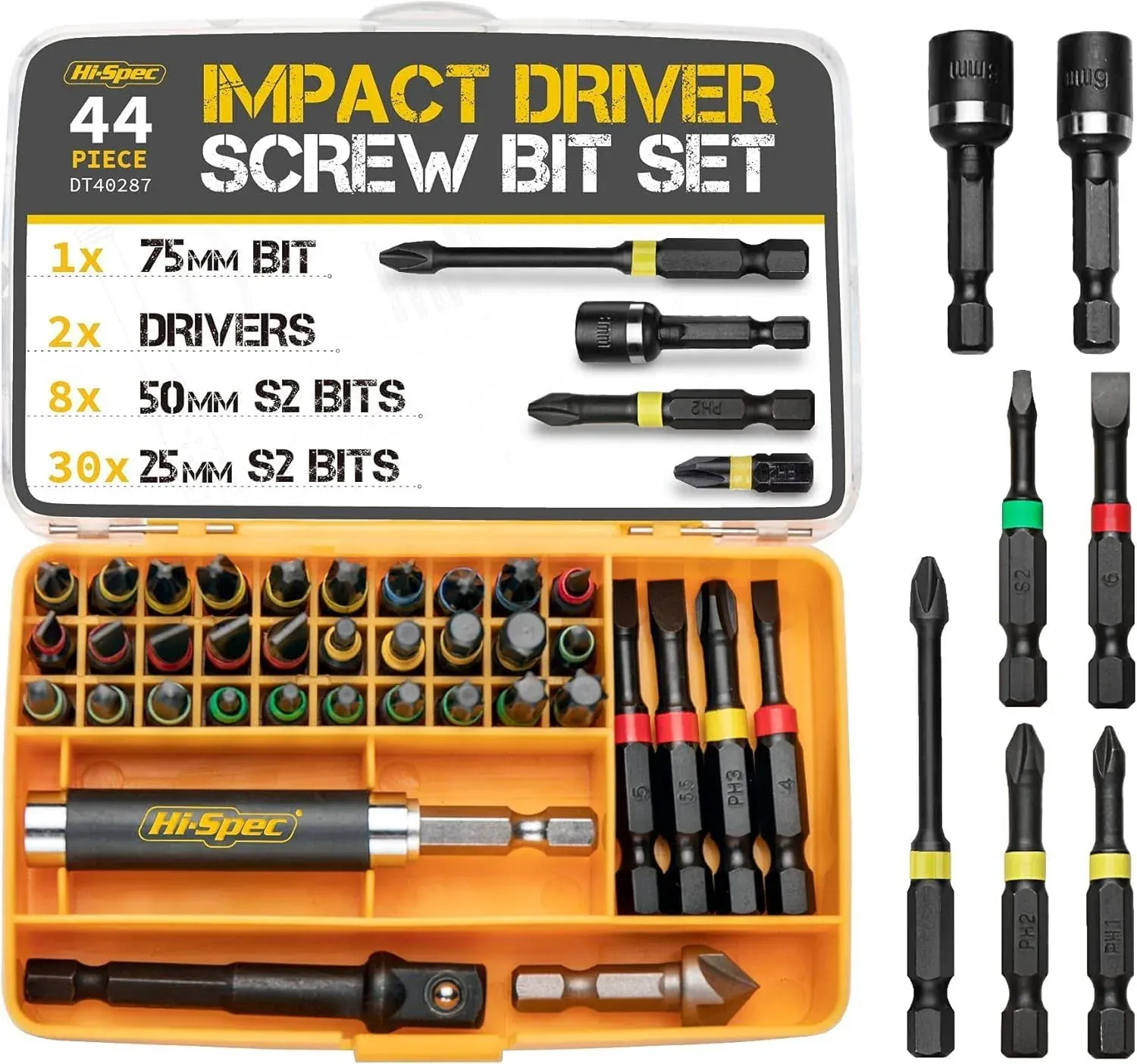 1/4” Impact Drill Screw Driver Nut Bit Magnetic Set Hex Shank 44pc Hi-Spec