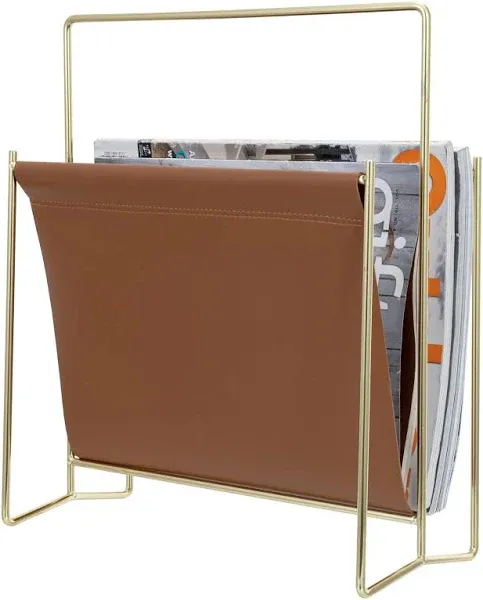 Brass Plated Wire and Black Leatherette Sling Rack, Freestanding Magazine Holder