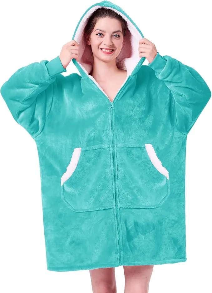 JOYWOO Turquoise Teal Wearable Blanket Hoodie, Birthday Gifts for Trendy Girls Girlfriend Stuff, Oversized Hooded Blanket for Adult Women, Cozy Sherpa Sweatshirt Blanket with Giant Pocket and Zipper