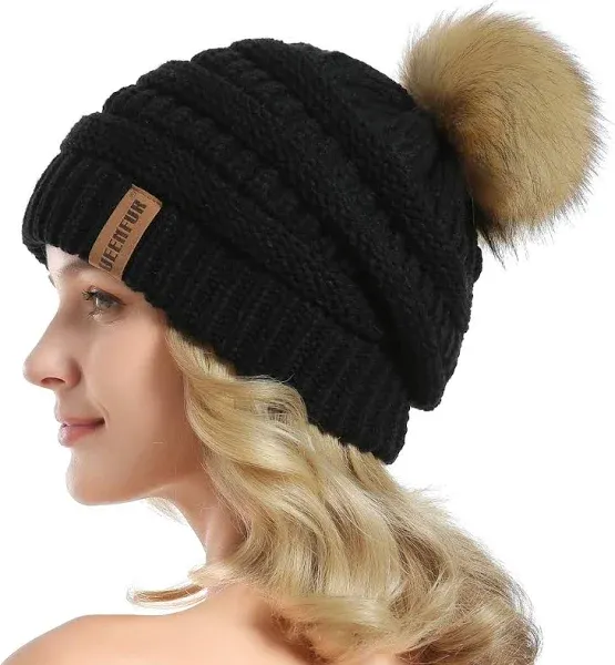 QUEENFUR Women Knit Slouchy Beanie Chunky Baggy Hat with Faux Fur Pompom Winter Soft Warm Ski Cap