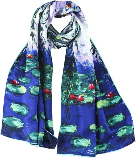 Women&#039;s Long Charmeuse Silk Scarf Classic Art Print Water Lilies by Monet