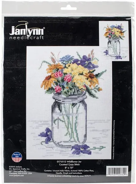 Wildflower Jar Counted Cross Stitch Kit, White, Yellow, Blue