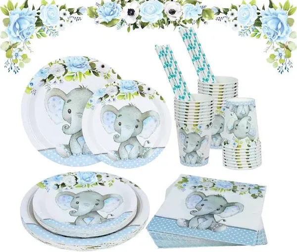 Elephant Baby Shower | Serves 24 | Blue Elephant Party Supplies Decorations | Elephant Baby Shower or Birthday for Little Boy | Dinner Plates,