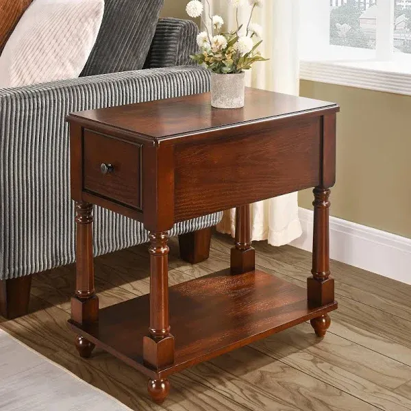 Solid Wood Narrow End Table with Drawer, Sofa Side Table with Storage Shelves...