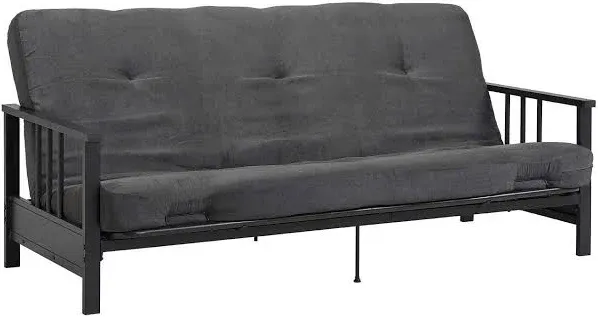 DHP Harlow Metal Arm Full Size Futon, Black Frame with 6-Inch Gray Microfiber Mattress