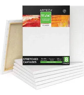 Arteza Stretched Canvas, Premium, White, 11"x14", Blank Canvas Boards for Painting - 8 Pack