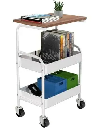 TOOLF Utility Cart with Wooden Table Top, 3-Tier Metal Storage Cart, White Trolley Kitchen Organizer Rolling Desk with Lockable Wheels for Office, CLA