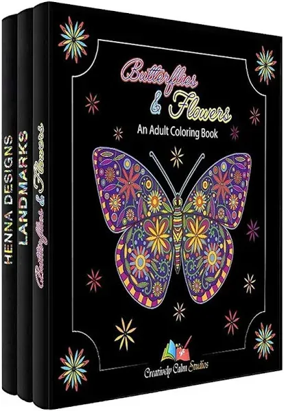 Adult Coloring Books Set 3 Pack - Landmarks, Henna, Butterflies and Flowers