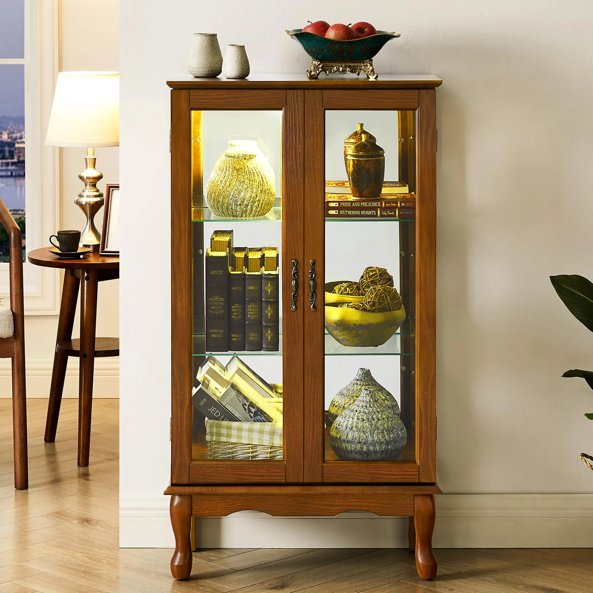 Display Cabinet with Tempered Glass Doors, Storage Cabinet Curio Display, Bookcase for Home Office, Pantry Cabinet with Adjustable Shelves, Curio Cabinet, Modern File Cabinet for Home, Office