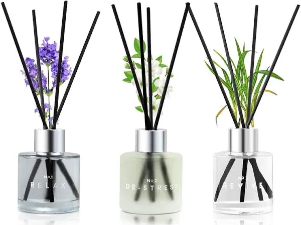 3 Pack Fragrance Reed Diffuser, 50ML Lavender Jasmine Lemongrass Aromatherapy Diffuser Set with 12 Black Fiber Sticks,Air Freshener for Bedroom Bathroom Office, 8.2X 6.6X 2.1 inch