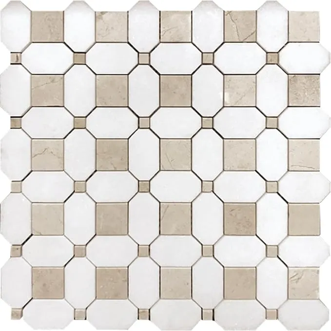 Beige Square and White Octagon Marble Mosaic Tile - 12.2" x 12.2" Sheet for Kitchen, Bathroom or Flooring (5-Pack)