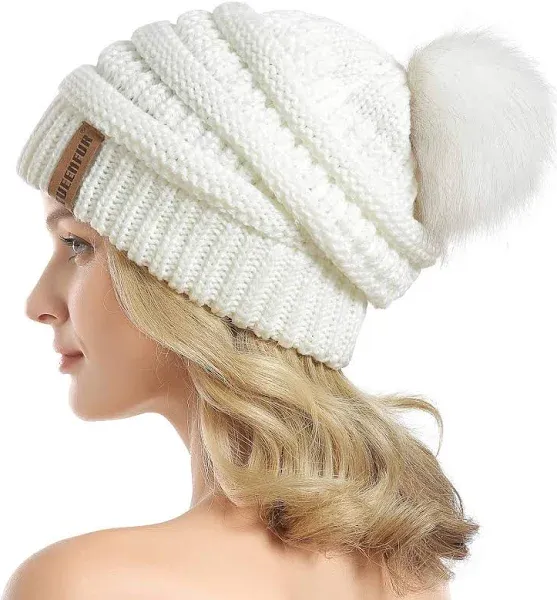 QUEENFUR Women Knit Slouchy Beanie Chunky Baggy Hat with Faux Fur Pompom Winter Soft Warm Ski Cap