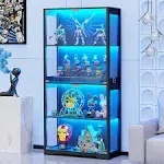 Display Cabinet with Glass Doors, 4-Tier Curio Cabinet&Bookcase with 3 Color Light for Collectibles, Toys, Books, Black