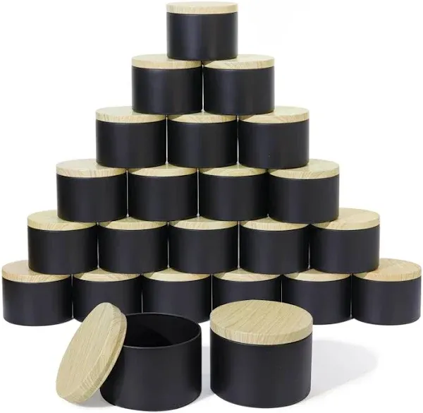 Aroparc Candle Tins 8oz with Lids, 24 Pack Seamless Bulk Candle Containers for Candle Making Supplies Wholesale Empty Candle Jars - Wood Grain Lids Black Tins