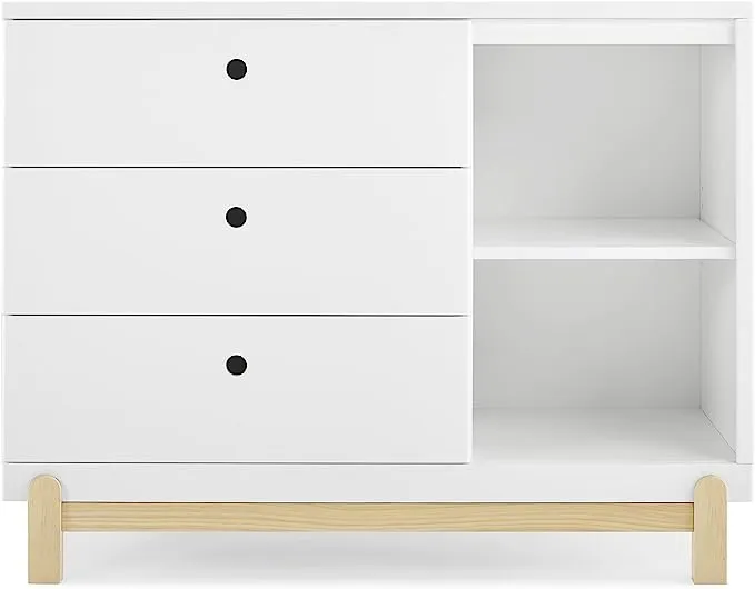 Delta Children Poppy 3 Drawer Dresser with Cubbies, Bianca White/Natural