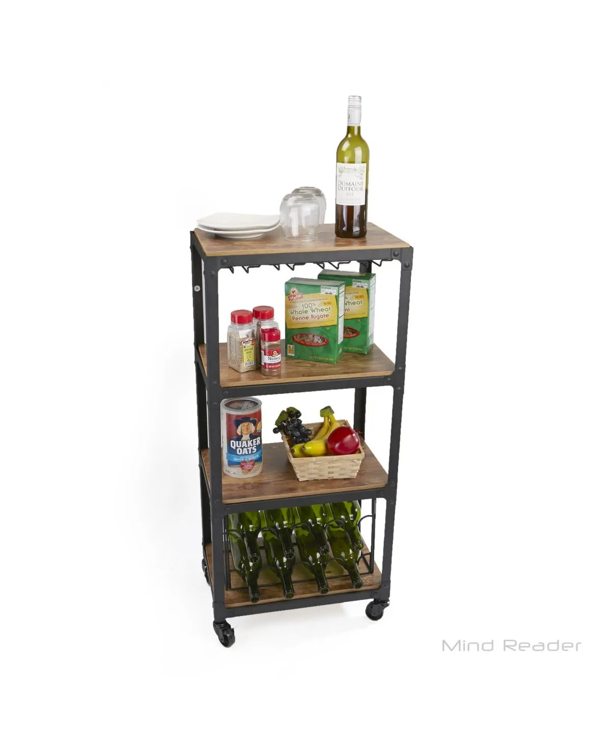 Mind Reader 4 Tier Wood and Metal Cart with Wine Rack - Black