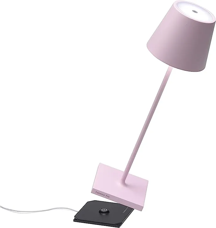 Zafferano Poldina Pro LED Table Lamp (Pink) Touch On/Off, Touch Dimmable, Powder Coated Aluminum, IP54 Protection, Indoor / Outdoor, Contact Charging Base, USA Plug, A++ Energy Efficiency