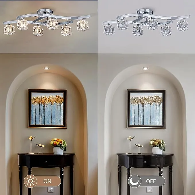 Bestier Modern Elegant Glass Crystal Ceiling Light Chandelier 6 Light Chrome Flushmount Lighting Fixture L 30.5in W 10in H 7.5in