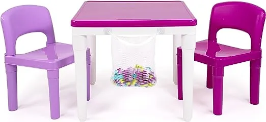 Humble Crew Kids 2-in-1 Plastic Building Blocks-Compatible Activity Table and 2 Chairs Set, Square, Pink/Purple/White