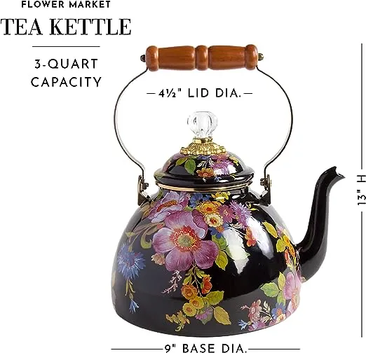 MacKenzie-Childs Flower Market Enamel Tea Kettle, Decorative Tea Kettle, 3-Quart Capacity, Black