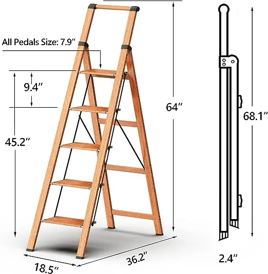 5 Steps Lightweight Aluminum Ladder Folding Step Stool Stepladders with Anti-Slip and Wide Pedal for Home and Kitchen Use Space Saving (Black)