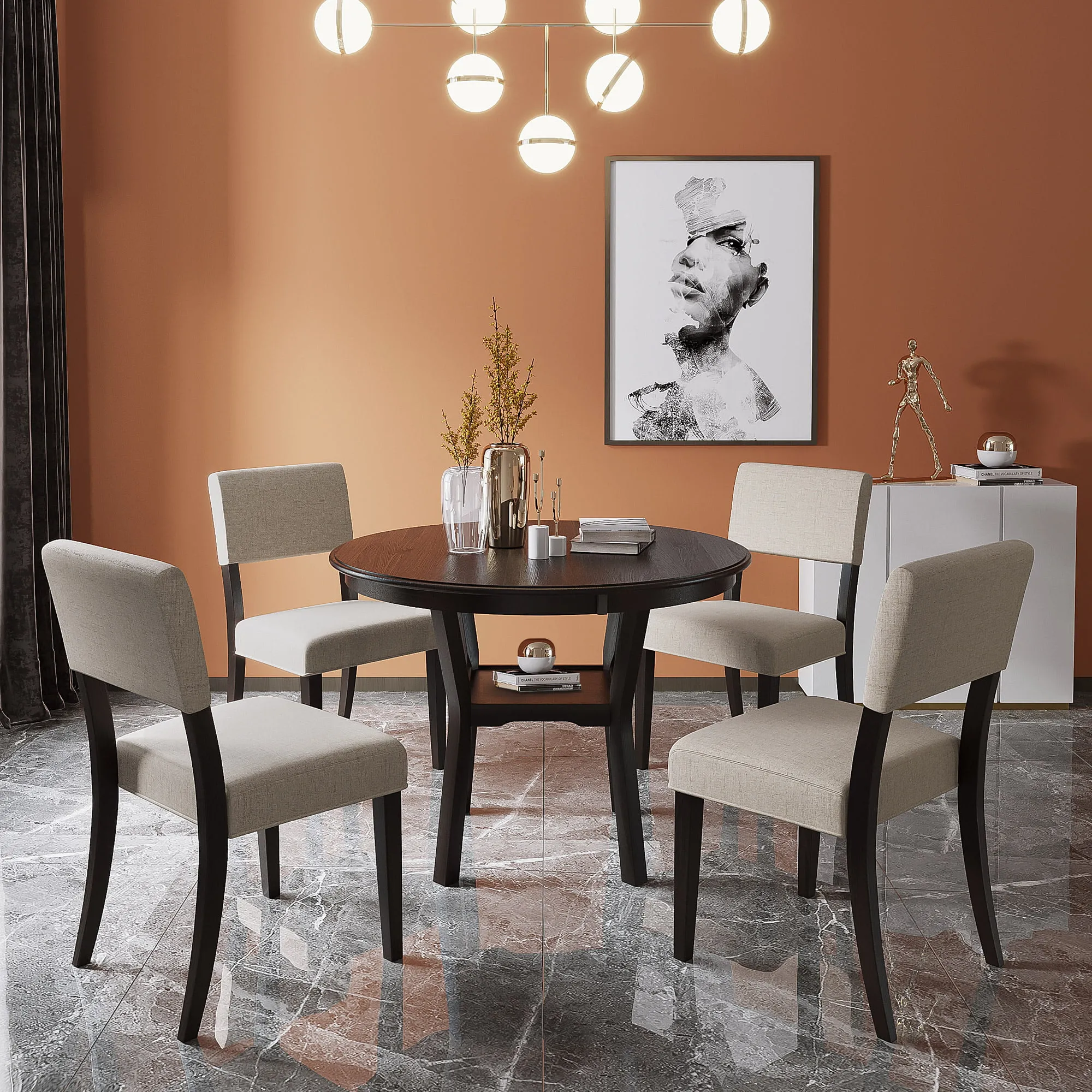 Euroco 5-Piece Kitchen Dining Table Set Round Table with Bottom Shelf, 4 Upholstered Chairs for Dining RoomEspresso, Size: Two Size