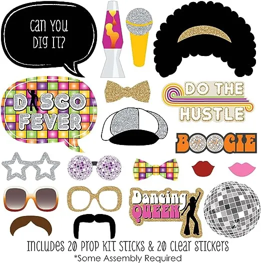 70s Photo Booth Props - 41-pc Disco Photo Booth Kit with 8 x 10-Inch Sign, 60 Adhesive Pads, 45 Sticks - Disco Photo Booth Props - 70's Party Props - 70s Decorations