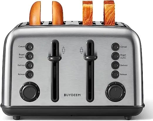 BUYDEEM DT640 4-Slice Toaster, Extra Wide Slots, Retro Stainless Steel with High Lift Lever, Bagel and Muffin Function, Removal Crumb Tray, 7-Shade Settings (Mellow Yellow, 4-Slice)