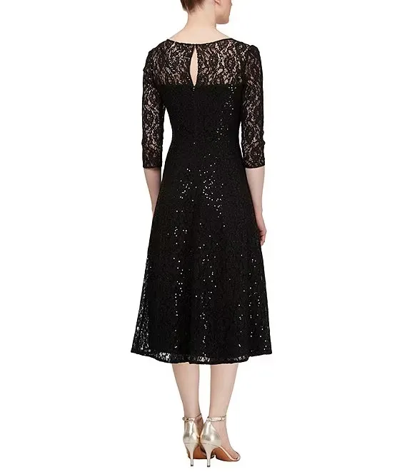 S.L. Fashions Women's Tea Length Three Quarter Sleeve Sequin Lace Dress