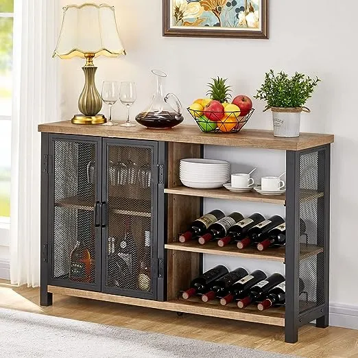 BON AUGURE Industrial Home Bar Cabinet with Wine Rack, Rustic Liquor Cabinet Bar for Home, Coffee Bar Cabinet with Storage (47 Inch, Grey Oak)