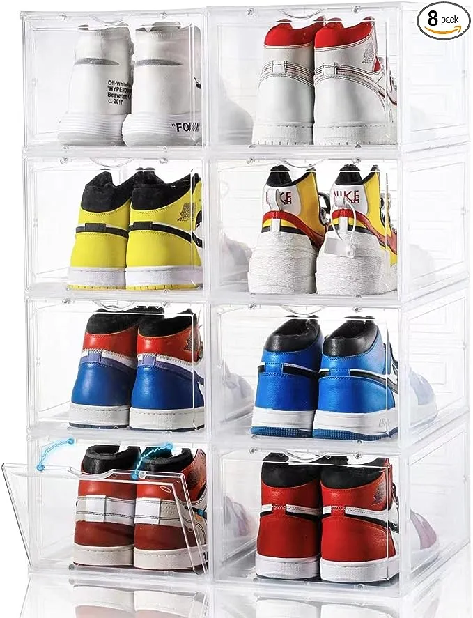 【Large & Thicken】Shoe Storage Box, 8 PACK, Shoe Organizer Shoe Box Clear Plastic Stackable, Drop Front Shoe Box with Magnetic Door, Shoe Containers For Sneaker Display, Fit up to US Size 12