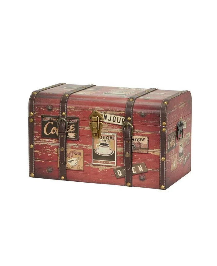 Household Essentials 9245-1 Medium Decorative Home Storage Trunk - Luggage Style - Coffee Shop Design , Orange