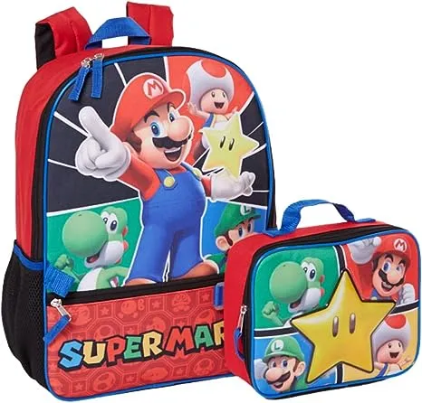 RALME Super Mario Backpack with Lunch Box Set for Boys & Girls, 16 inch, Value Bundle