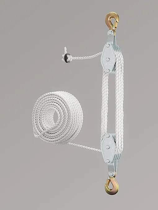 SoB Block and Tackle Pulley System for Lifting Objects - 4000LB Breaking Strength with 65 Feet of 3/8" Rope - 7:1 Lifting Power - Heavy Duty Rope Hoist Pulley System for Garage Warehouse Building