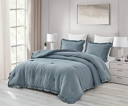 Chezmoi Collection Nora 3-Piece Ruffled Edge Trim Soft Washed Microfiber Comforter Set (Queen, Dusty Blue)Chezmoi Collection Nora 3-Piece Ruffled Edge Trim Soft…