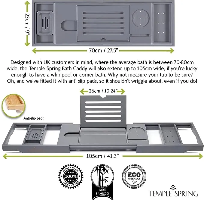 Temple Spring Bath Tray - Extendable Bath Caddy Tray for Bathtub with Candle, Wine Glass, Book, iPad & Phone Holders - Adjustable Bath Table Tray Ove