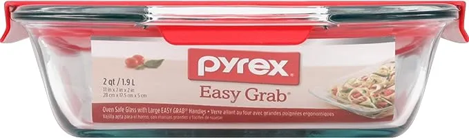 Pyrex Easy Grab 2-Qt Glass Baking Dish with Lid, Tempered Glass Baking Dish with Large Handles, Non-Toxic, BPA-Free Lid, Dishwashwer, Microwave, Freezer and Pre-Heated Oven Safe