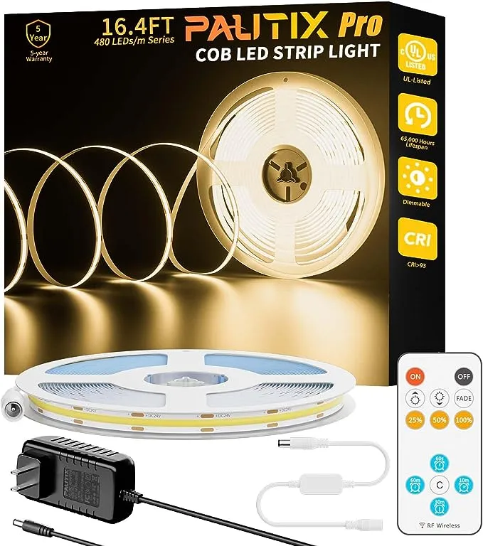 PAUTIX COB LED Strip Light 32.8ft/10m 4800LEDs Warm White 3000K,CRI93+ Super Bright High Lumen,Dimmable 24V Flexible LED Tape Light with RF Remote,24V 48W Power Supply,for Home&Office DIY Lighting