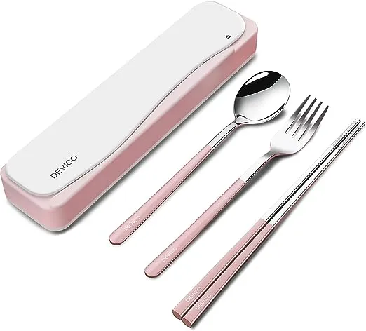 DEVICO Travel Utensils, 18/8 Stainless Steel 4pcs Cutlery Set Portable Camp Reusable Flatware Silverware, Include Fork Spoon Chopsticks with Case (Pink)